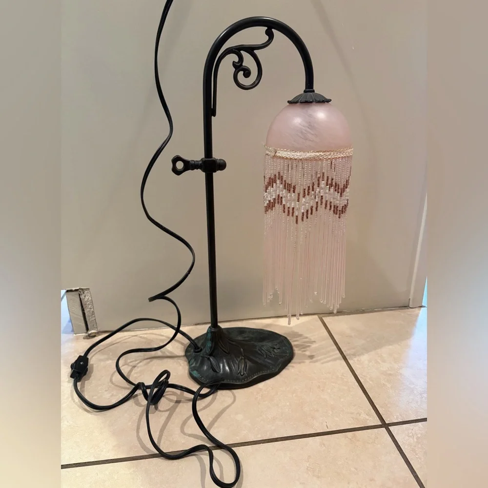 Vintage Victorian Style Beaded Glass Boudoir Table Light Lamp, Metal Leaf Base